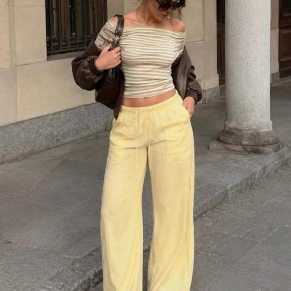 Love Tree Butter Yellow Wide Leg Ruffle Paperbag Waist Tencel Pants M